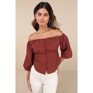 Lulus Delighted Approach Rust Brown Puff Sleeve Off-the-shoulder Top - Size M